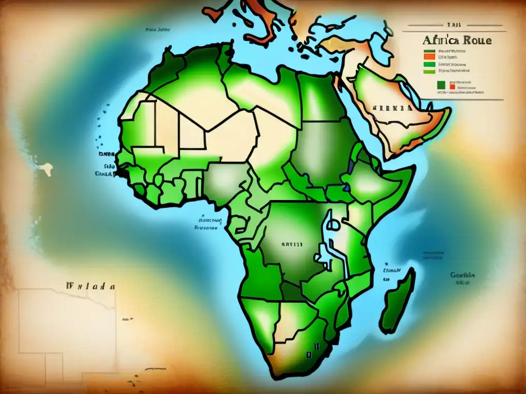 Detallado mapa sepia de África con influencia europea en la cartografía