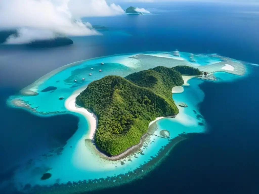 Detallado mapa sepia de islas del Pacífico, con vegetación siendo engullida por el mar