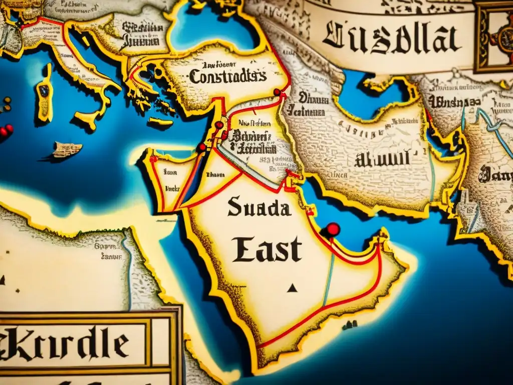 Detallado mapa sepia del Medio Oriente medieval con ciudades, paisajes y rutas comerciales