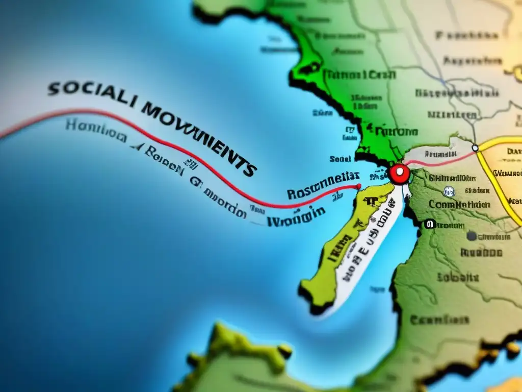 Detallado mapa sepia de la evolución de movimientos sociales con símbolos y eventos clave