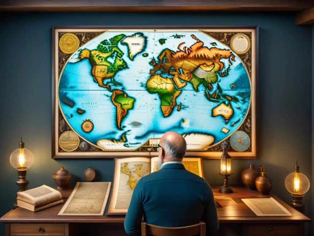 Abraham Ortelius dibuja detallado mapa mundial a mano, rodeado de herramientas cartográficas antiguas, en estudio iluminado tenue