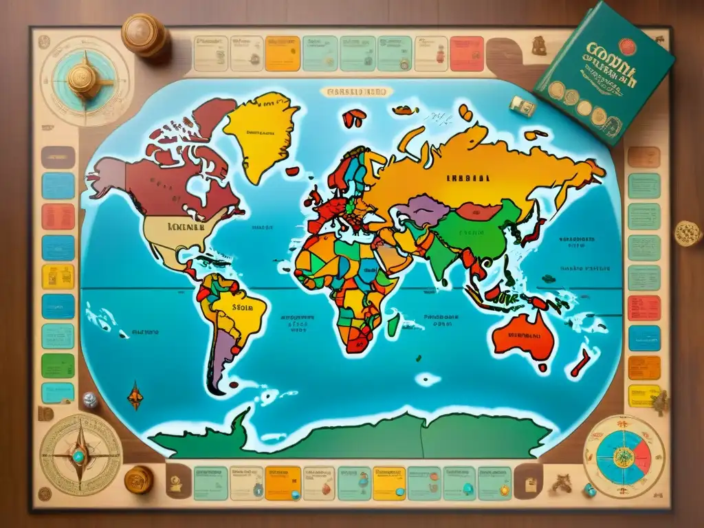 Un detallado mapa mundial vintage en tonos sepia sobre una mesa de madera rodeado de juegos educativos de geografía