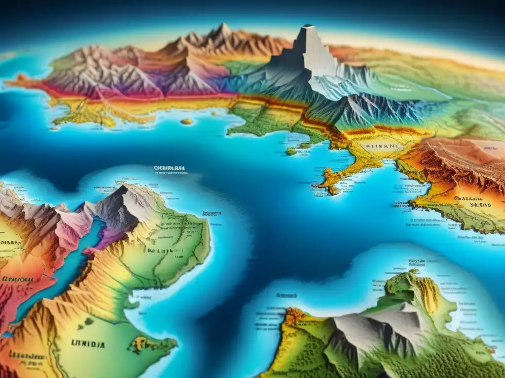 Detallado mapa sepia del mundo con colores vibrantes resaltando características geográficas, evocando exploración y descubrimiento