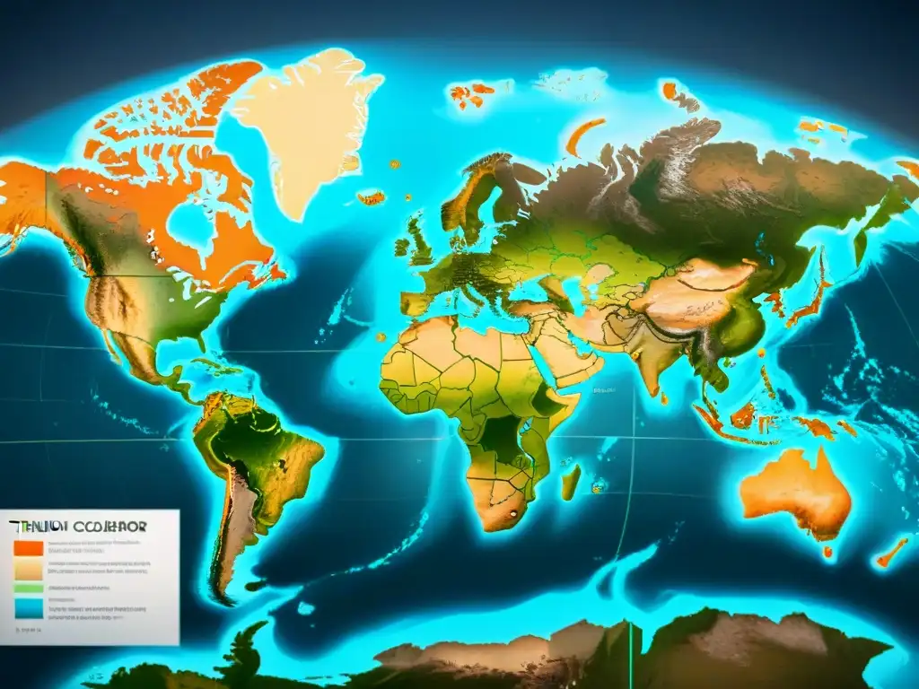 Detallado mapa del mundo en sepia con datos geoespaciales