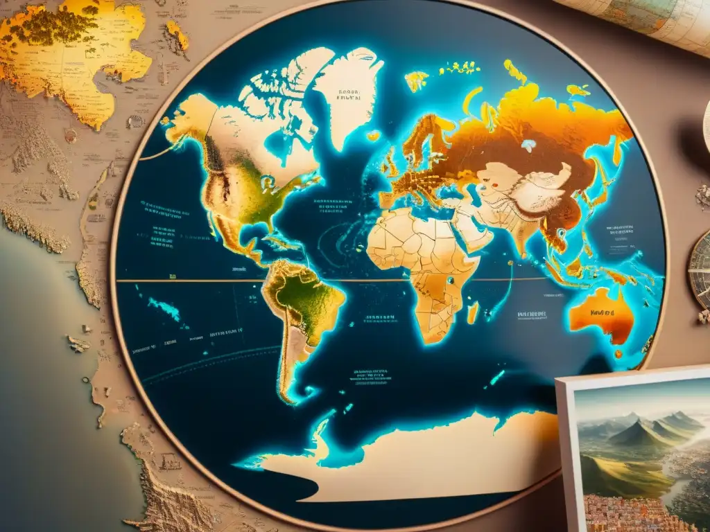 Detallado mapa sepia del mundo con iconos satélite, simbolizando la evolución de la cartografía satélites