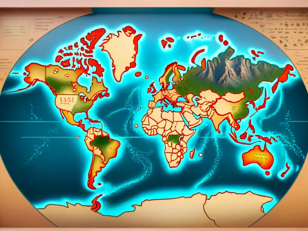 Un detallado mapa vintage sepia del mundo con indicaciones de la evolución de la cartografía a digital