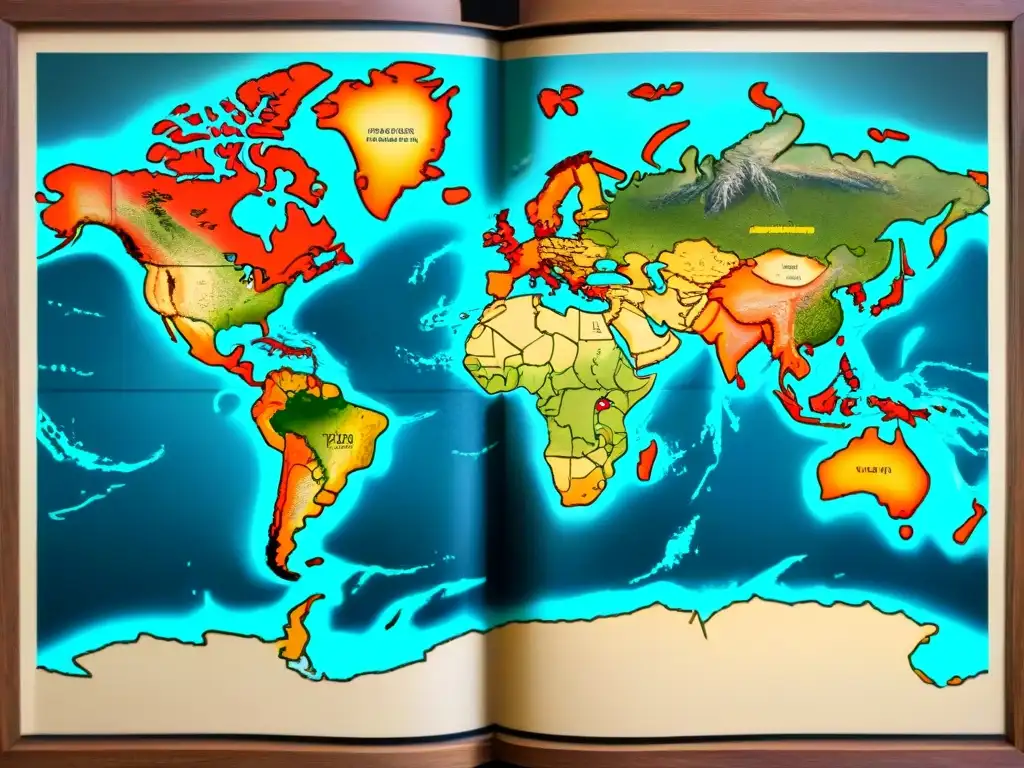 Mapa detallado del mundo en sepia: historia y geografía Detallado mapa sepia del mundo, resaltando países, océanos y monumentos