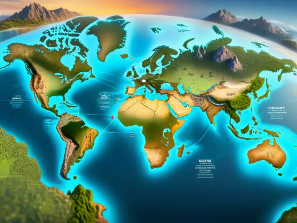 Detallado mapa sepia del mundo con símbolos cartográficos y rosas de los vientos antiguas, redes de líneas e información