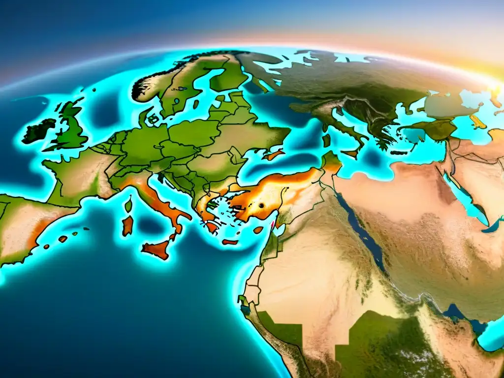 Un detallado mapa sepia del mundo, con tecnología avanzada y conectividad global, destacando fronteras, ciudades y puntos clave