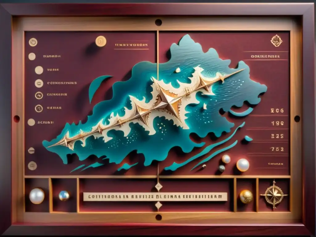 Detallado mapa de navegación polinesio tallado en madera y nácar, historia de la cartografía polinesia