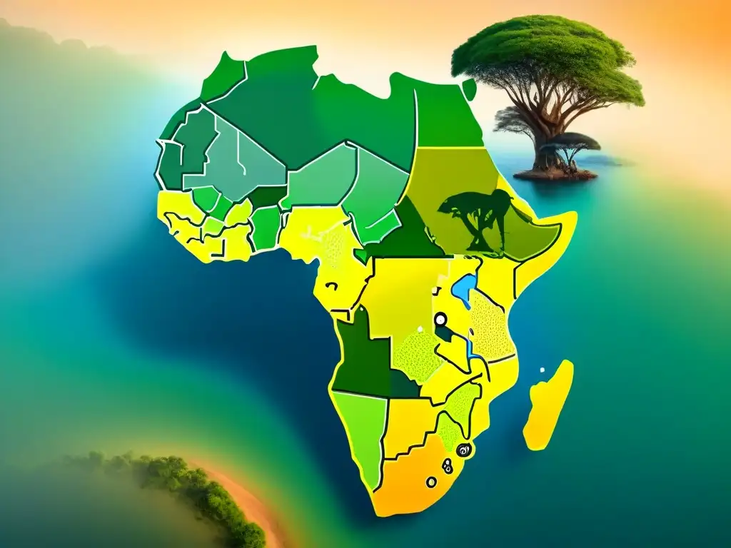 Cartografía de la biodiversidad en África: detallado mapa sepia con patrones de vida silvestre y fauna icónica en silueta