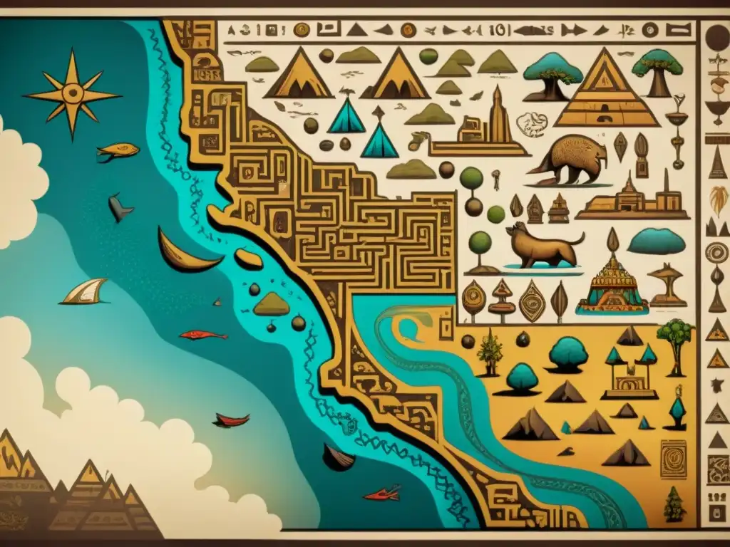 Un detallado mapa precolombino vibrante que refleja la rica cultura ancestral, con patrones geométricos, símbolos y colores vivos