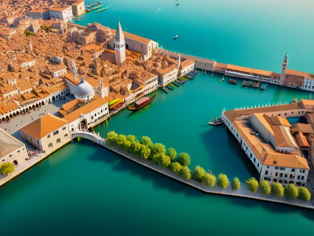 Mapa detallado de Venecia renacentista: canales, mercados y góndolas Detallado mapa sepia de Venecia renacentista con góndolas, mercados y arquitectura ornamental