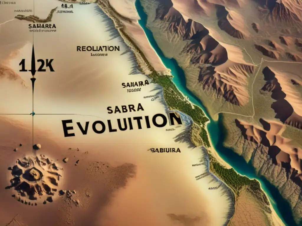 Detallado mapa sepia mostrando la evolución de la cartografía en el Sahara, reflejando su rica historia