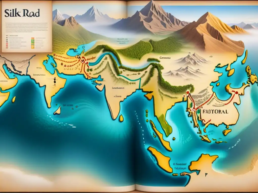 Un detallado mapa sepia de la Ruta de la Seda en el Renacimiento, con rutas comerciales, ciudades y paisajes