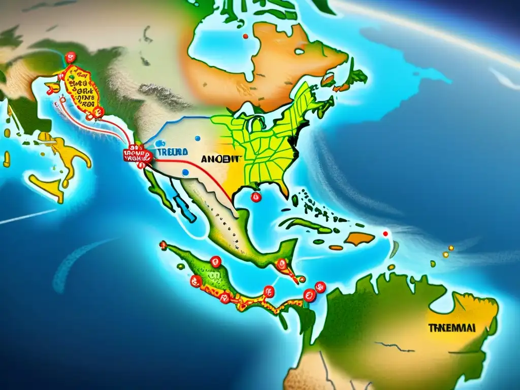 Detallado mapa sepia de rutas comerciales antiguas en América, representando redes de comercio precolombino