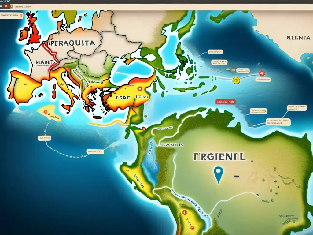 Un detallado mapa sepia de las rutas comerciales de las civilizaciones precolombinas, con ilustraciones de bienes intercambiados