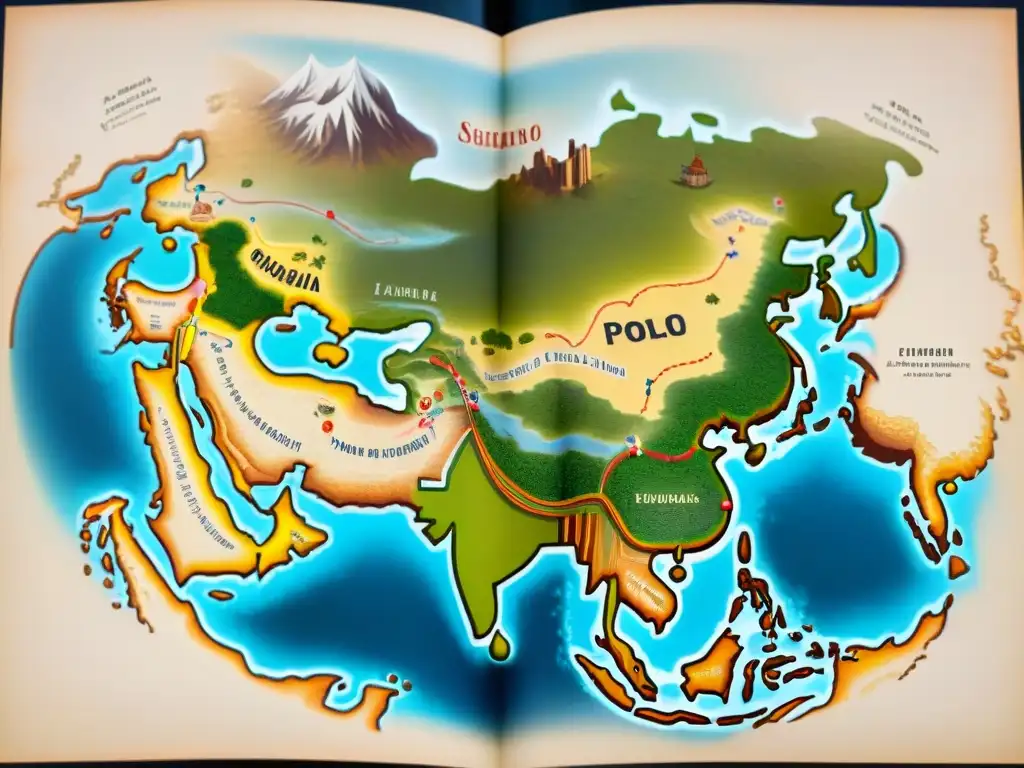 Detallado mapa sepia de las rutas comerciales de Marco Polo, fusionando estilos cartográficos orientales y occidentales, evolución cartografía mundo Marco Polo