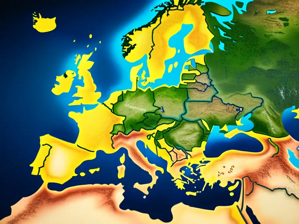 Detallado mapa sepia de Europa con rutas de exploradores como Colón y Magallanes, en la era de la Cartografía europea grandes exploraciones