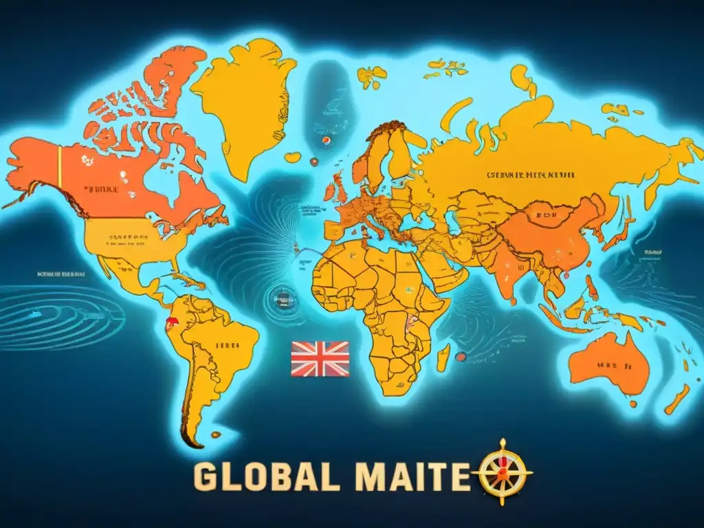 Mapa detallado de rutas marítimas globales con barcos de carga Detallado mapa de rutas marítimas globales con barcos cargueros, símbolos náuticos y rosas de los vientos