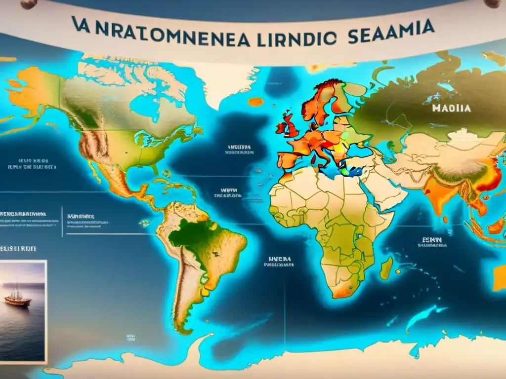 Detallado mapa sepia de rutas marítimas exploradas por Vasco da Gama hacia la India, con monstruos marinos y brújulas ornamentales