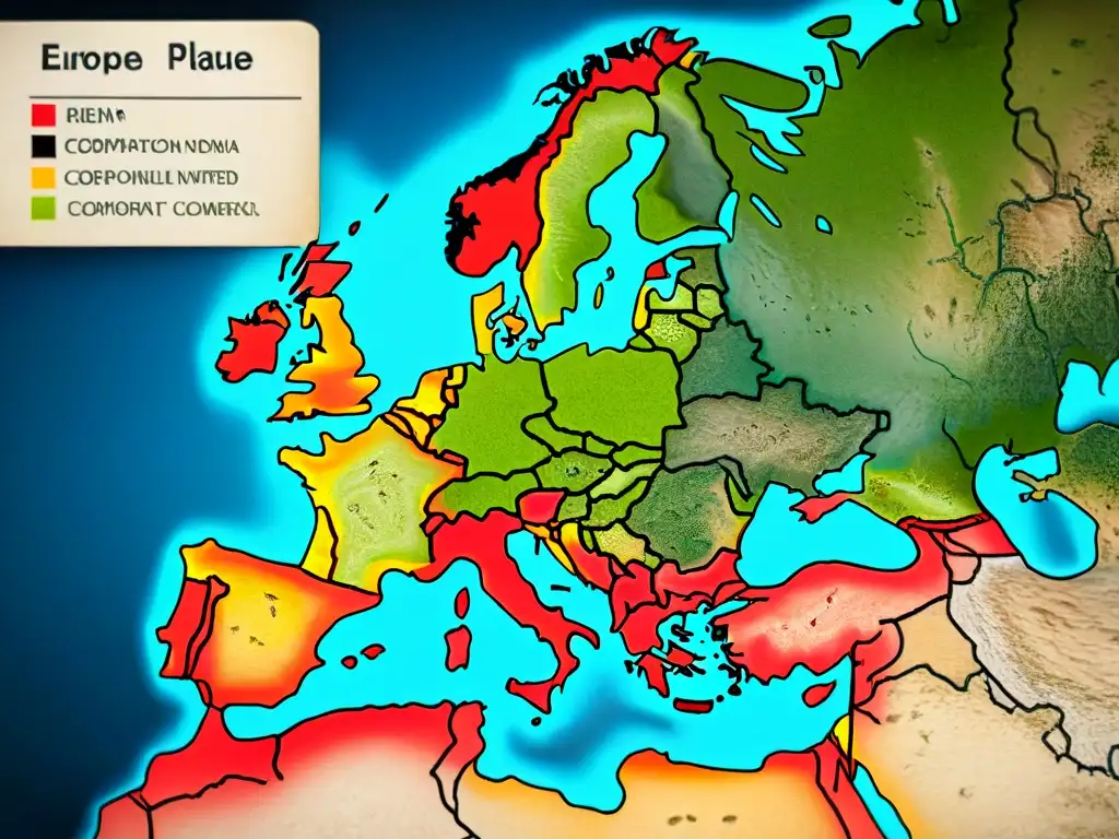 Detallado mapa sepia de Europa en el siglo XIV, muestra la propagación de la Peste Negra con ilustraciones intrincadas