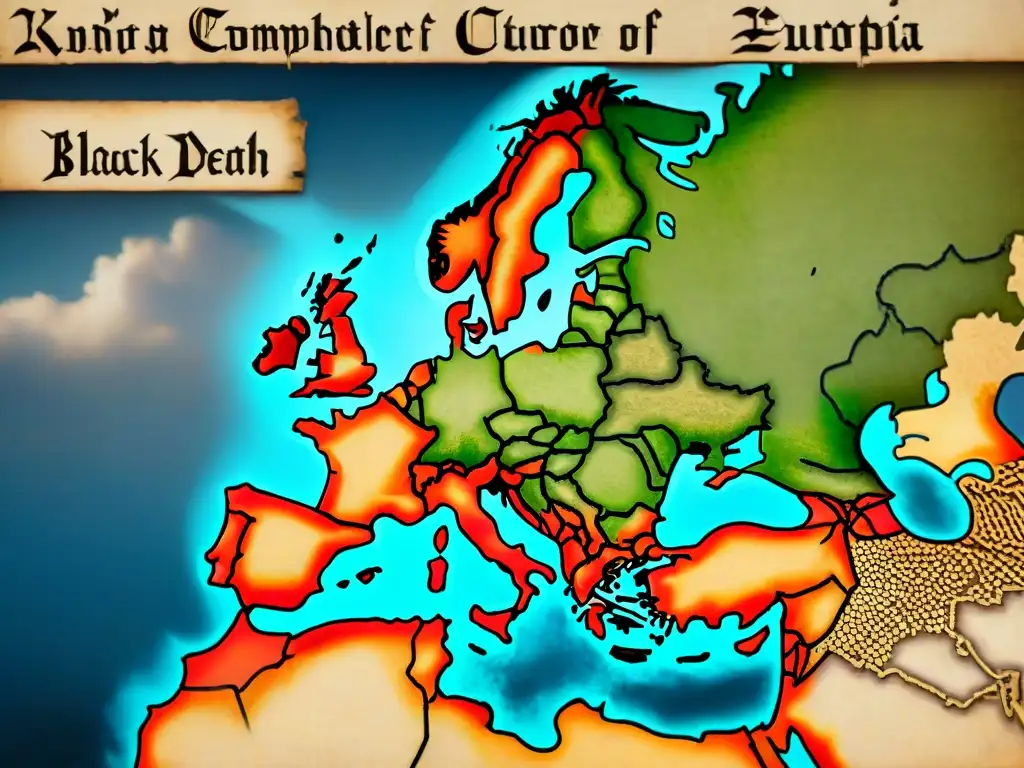 Detallado mapa sepia de Europa en el siglo XIV mostrando la propagación de la Peste Negra en ciudades, médicos y nubes ominosas