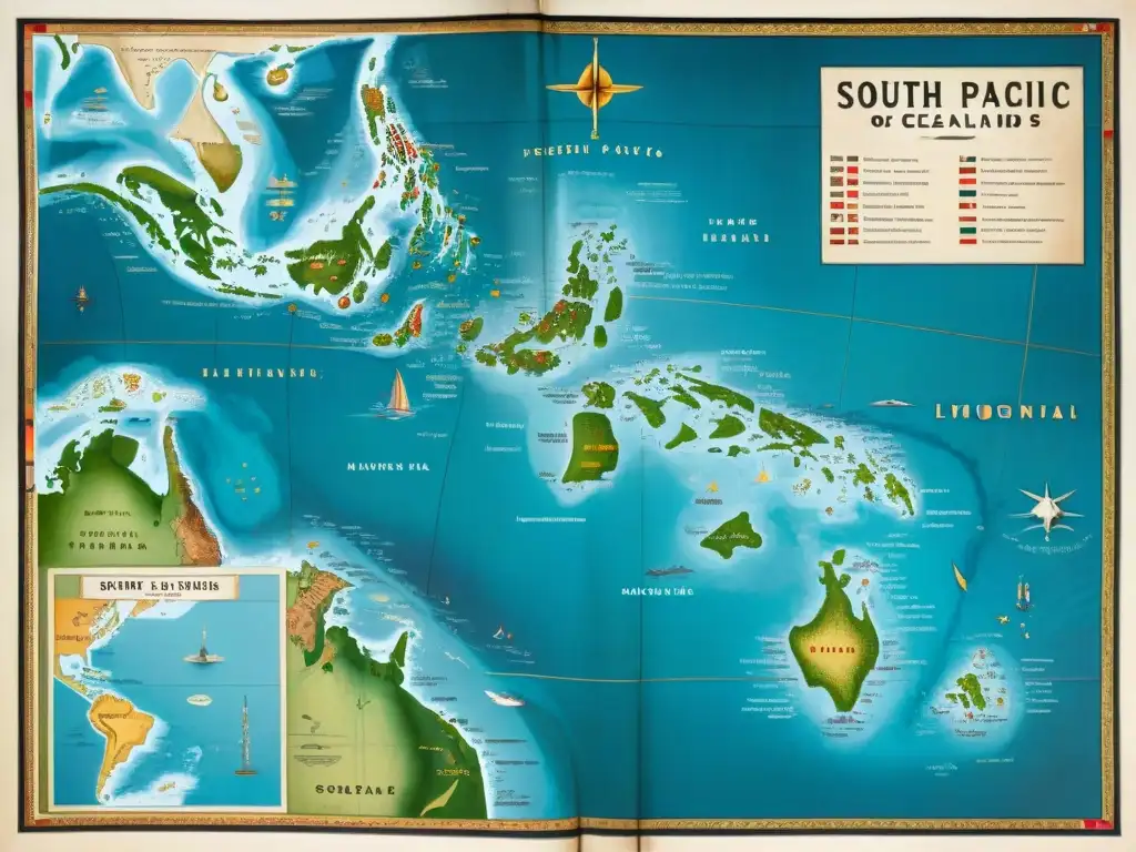 Detallado mapa sepia de Oceanía del siglo XIX por misioneros: asentamientos, rutas y cultura