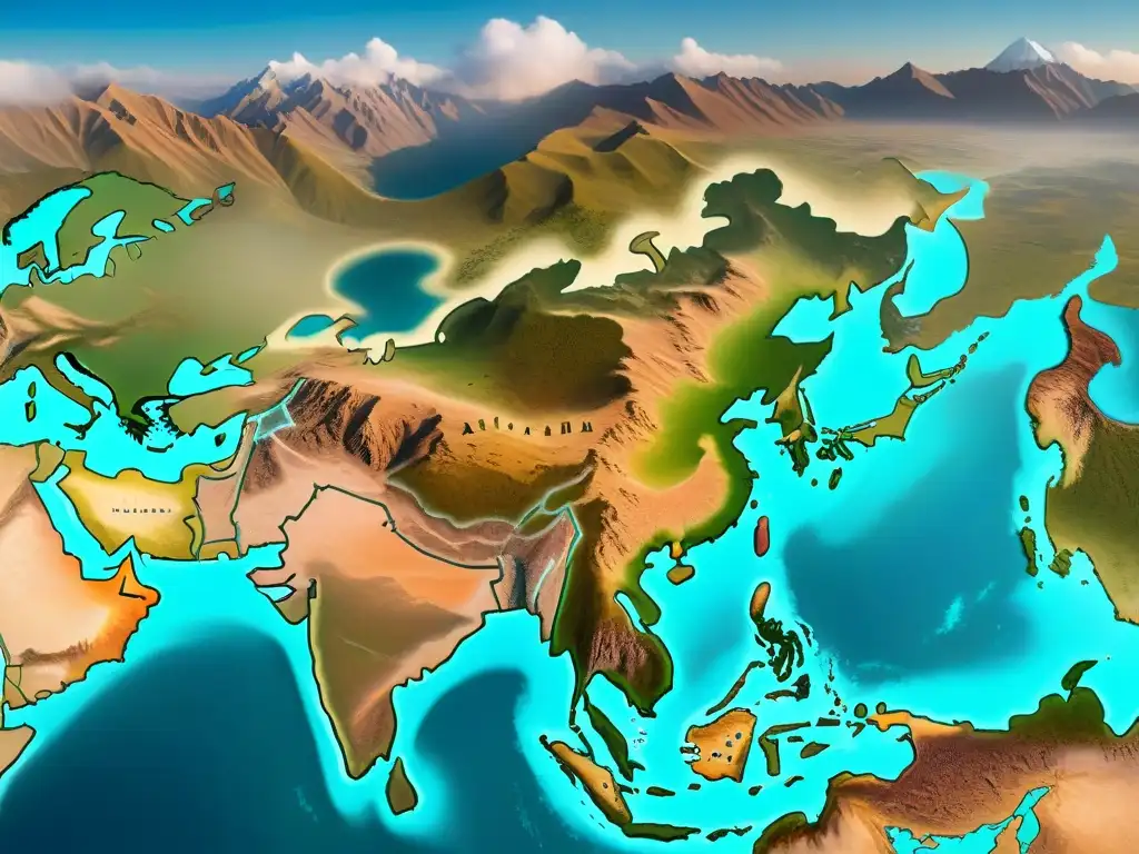 Un detallado mapa sepia del siglo XIX de Asia Central, con rasgos geográficos intrincados, rutas comerciales y monumentos históricos