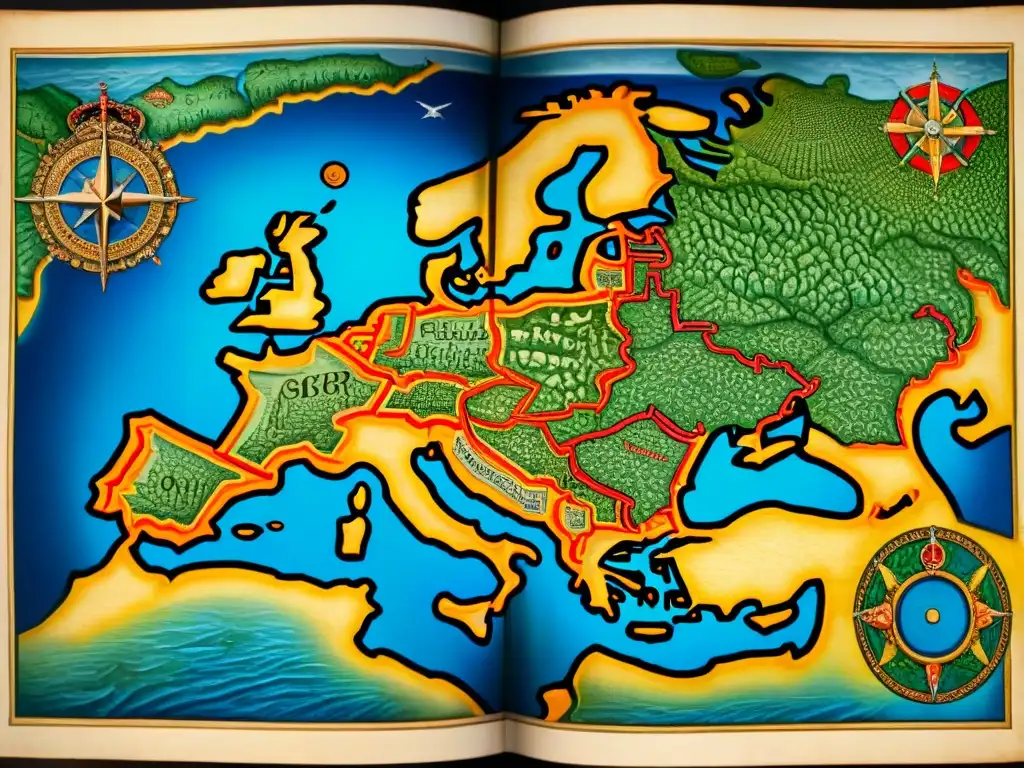 Detallado mapa sepia de Europa del siglo XVI con cartografía y ornamentos renacentistas