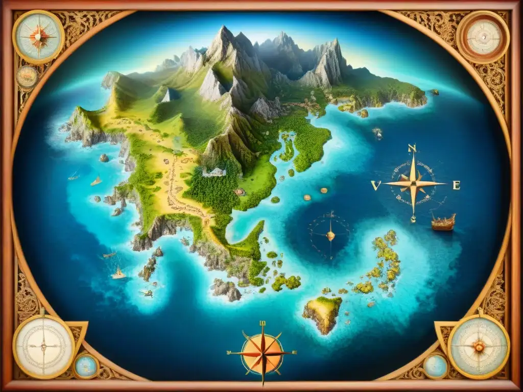 Detallado mapa sepia del siglo XVI con monstruos marinos, rosas de los vientos y criaturas míticas, mostrando la importancia de la cartografía histórica