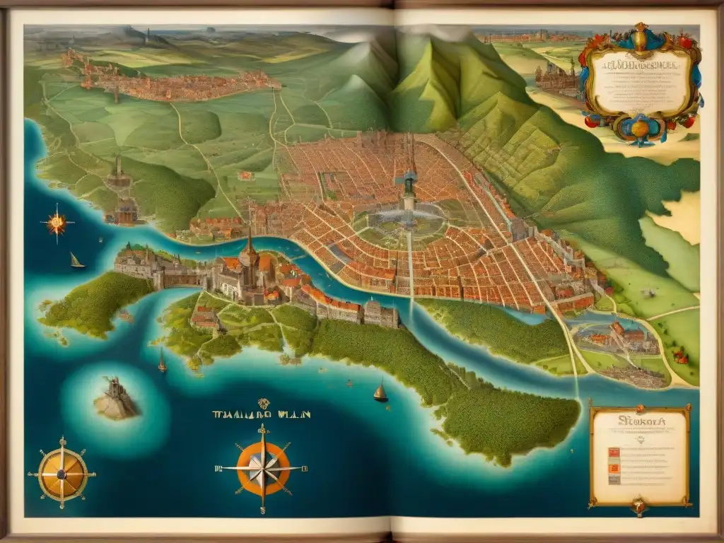 Mapa detallado de Italia del siglo XVI: ciudades y arte Detallado mapa sepia del siglo XVI de ciudades italianas evolución, con delicados diseños, ilustraciones y monstruos marinos