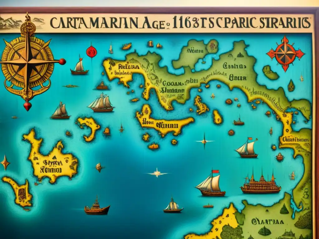 Detallado mapa Carta Marina del siglo XVI con ilustraciones de monstruos marinos, barcos y costas de islas del Pacífico, evocando la historia de la cartografía