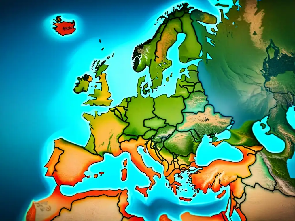 Un detallado mapa sepia de Europa del siglo XVII, con costas, ríos y cordilleras, revelando secretos y rutas misteriosas