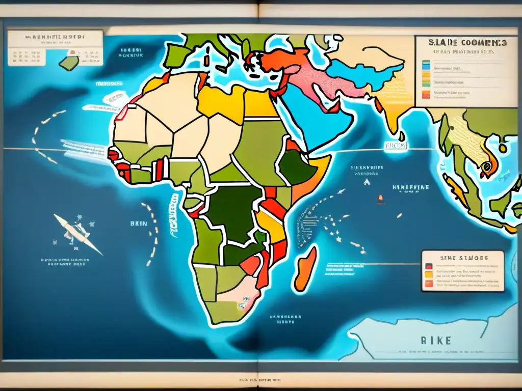 Detallado mapa sepia del siglo XVIII mostrando la ruta triangular del comercio entre Europa, África y América