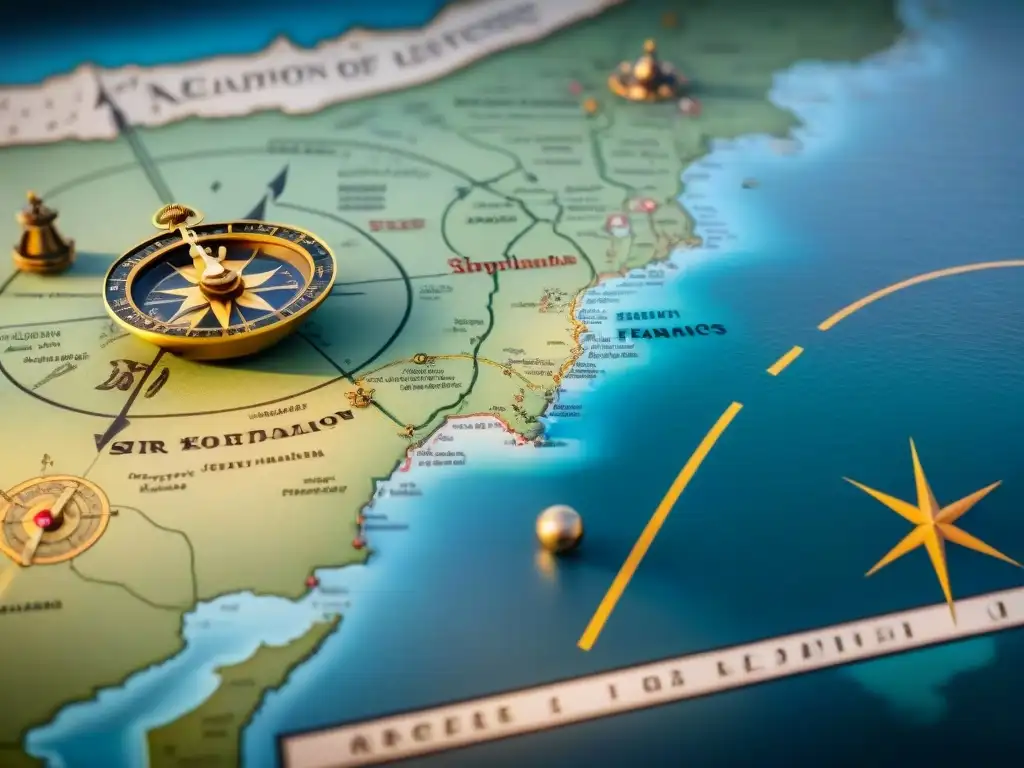 Detallado mapa sepia de la expedición de Sir Francis Drake con símbolos navales, rosas de los vientos e anotaciones clave