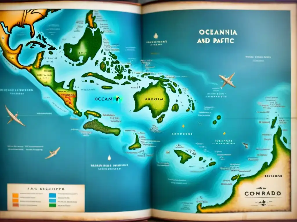 Detallado mapa sepia de Oceanía y el Pacífico Sur, mostrando la evolución de la cartografía