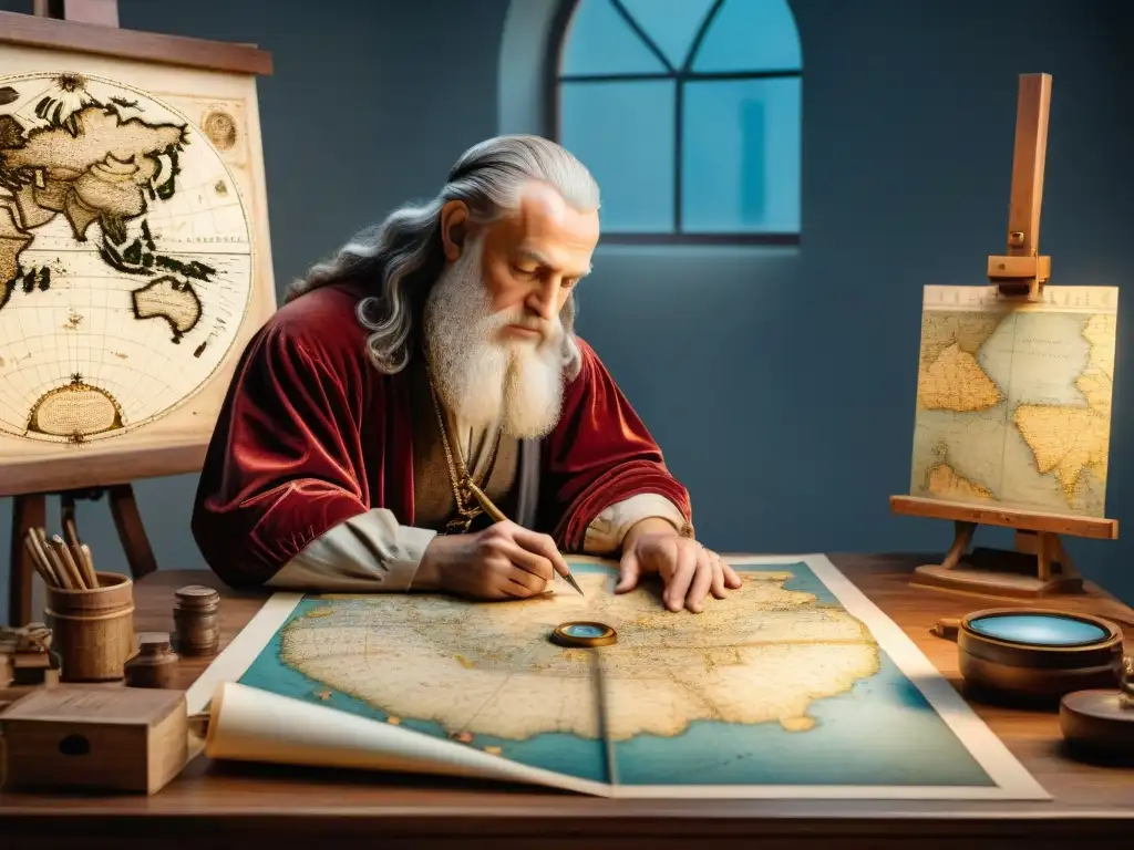 Leonardo da Vinci trabajando en un detallado mapa en su taller renacentista, rodeado de herramientas de cartografía