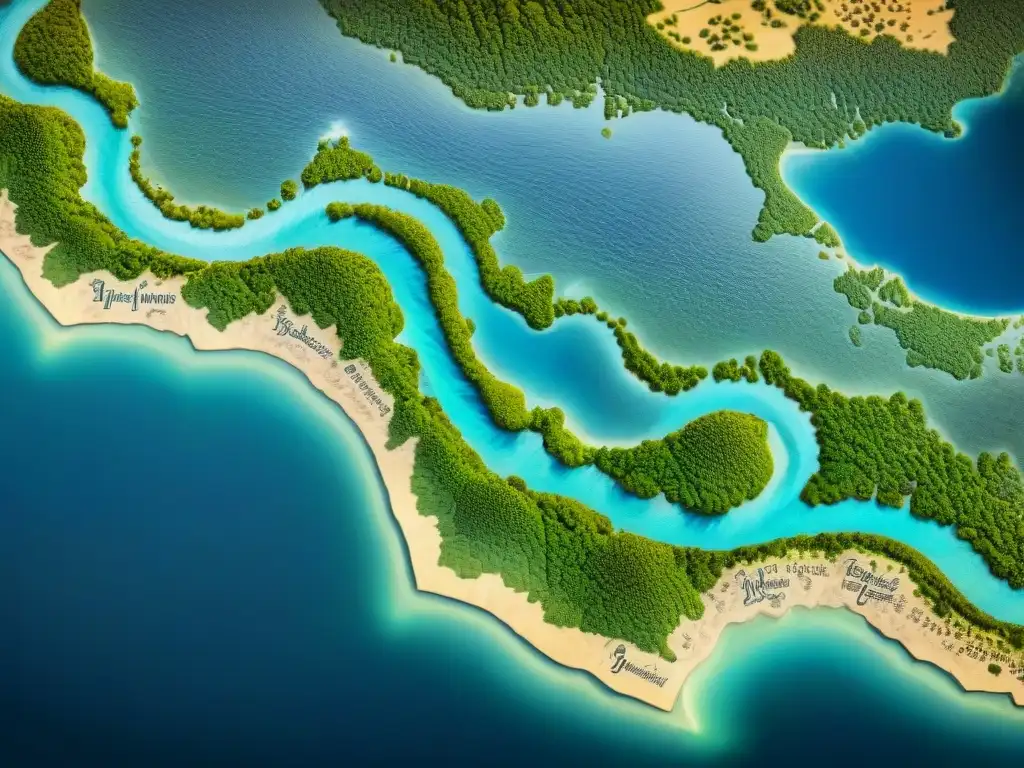 Detallado mapa sepia del río Ganges con técnicas de cartografía antigua e influencia cultural