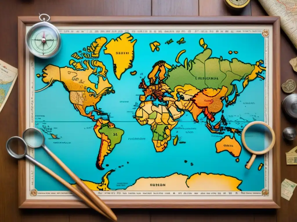 Un detallado mapa en textiles narrativa cultural bordado sobre una mesa de madera, rodeado de herramientas cartográficas antiguas