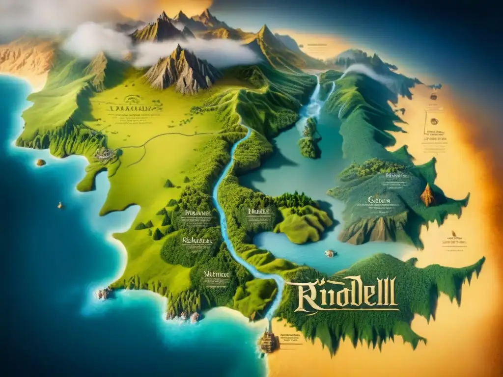 Detallado mapa sepia de la Tierra Media con lugares icónicos como Rivendell y Monte del Destino, mostrando una rica cartografía en la Tierra Media