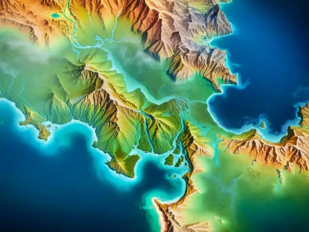 Detallado mapa sepia de tierras antiguas con montañas, ríos y bosques, marcando rutas comerciales y civilizaciones antiguas