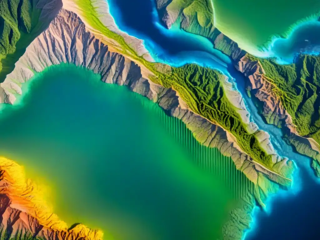 Un detallado mapa topográfico en sepia con efectos de sombra resaltando la variabilidad espacial en un paisaje montañoso