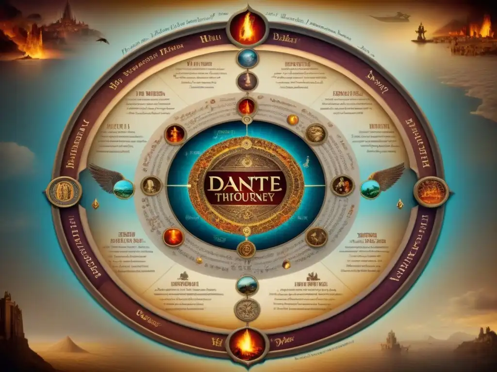 Detallado mapa sepia de la travesía de Dante por los reinos tras la muerte, cartografía en la Divina Comedia