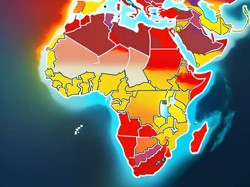 Un detallado mapa sepia de África con vibrantes mapas de calor rojos que indican brotes de enfermedades en el continente