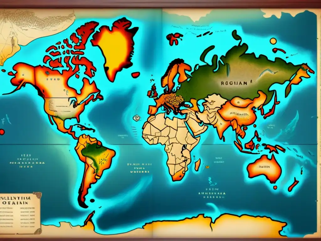 Un detallado mapa vintage del mundo en sepia, con técnicas cartográficas antiguas y la evolución cartográfica con influencia de cartógrafos