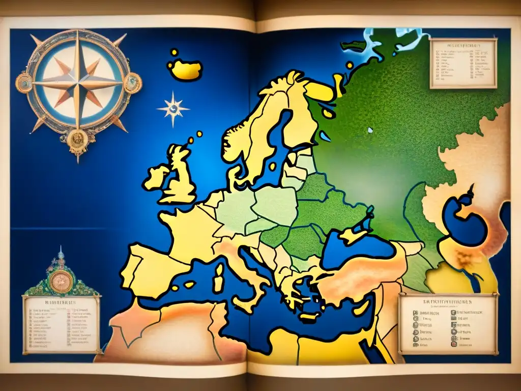 Detallado mapa sepia de Europa siglo XVII con elementos celestes y decorativos