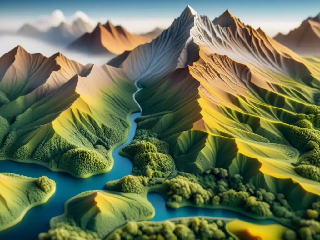 Un detallado modelo topográfico en impresión 3D de una cadena montañosa, con valles, picos y crestas