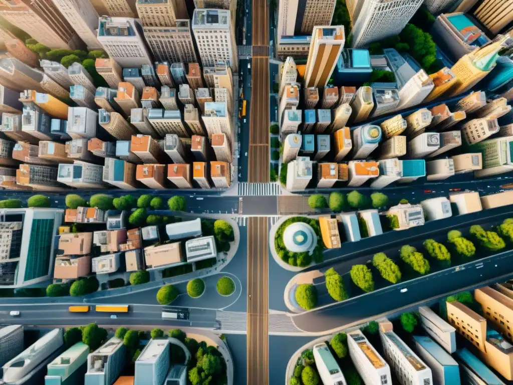 Un detallado paisaje urbano sepia desde las alturas, mostrando la complejidad de una ciudad