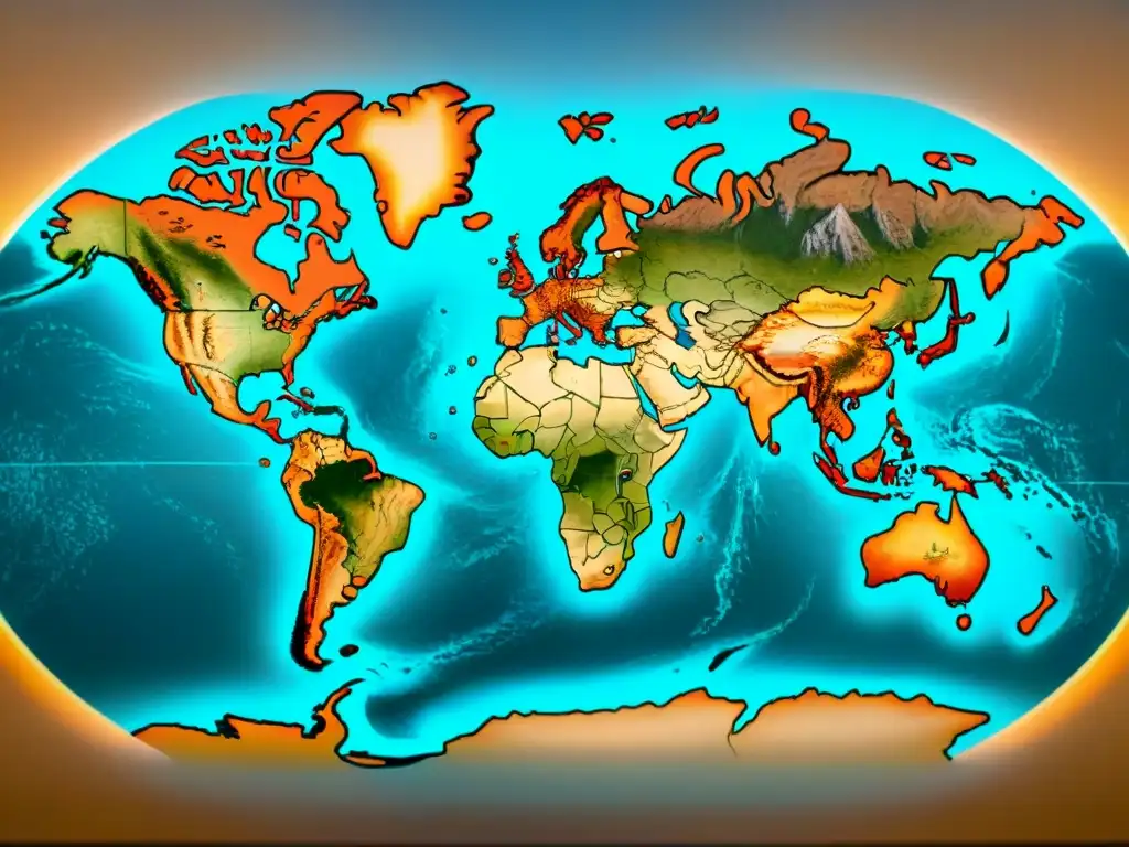 Un detallado y envejecido mapamundi en sepia, resaltando ríos, montañas y ciudades